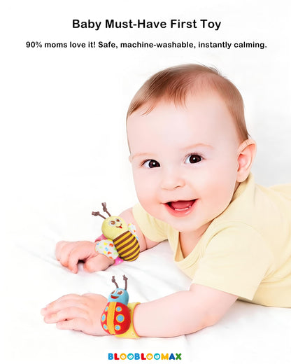 Bloobloomax Baby Soft Hanging Rattle, Wrist Rattle and Hand Foot Rattle Toy, Car Seat Stroller Toys with Plush Animal C-Clip Ring for Infant Babies Boys and Girls 3 6 9 to 12 Months (12PCS-G)