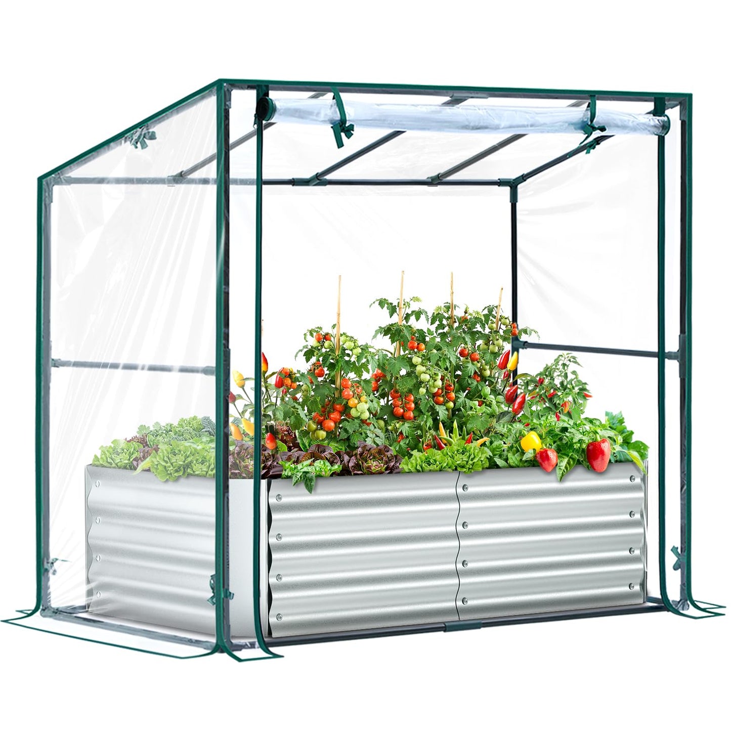 Ohuhu Raised Garden Bed with Cover Outdoor, 4x2x1 FT Galvanized Metal Planter Box with PVC Greenhouse Cover, Protects Plants from Frost Birds Insects, 3-in-1 Gardening Set for Vegetable Flower Herb