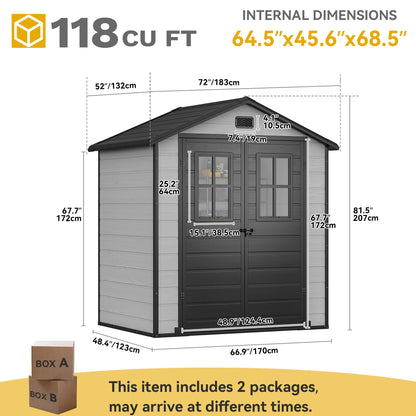 DWVO 6x4.4 FT Outdoor Storage Shed, Plastic Garden Tool Shed with 2 Windows, Double-Wall Outside Shed for Lawn Mower, Garden Tool for Backyard, Patio, Lawn