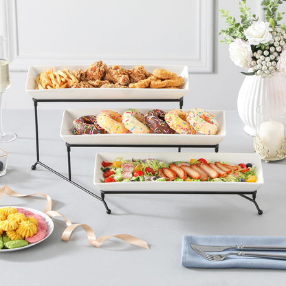 MALACASA 3 Tier Serving Tray, Porcelain Tiered Cupcake Stand, Ceramic Elevated Serving Platter with Collapsible Sturdier Rack,Series PLAT (White, 14 Inch)