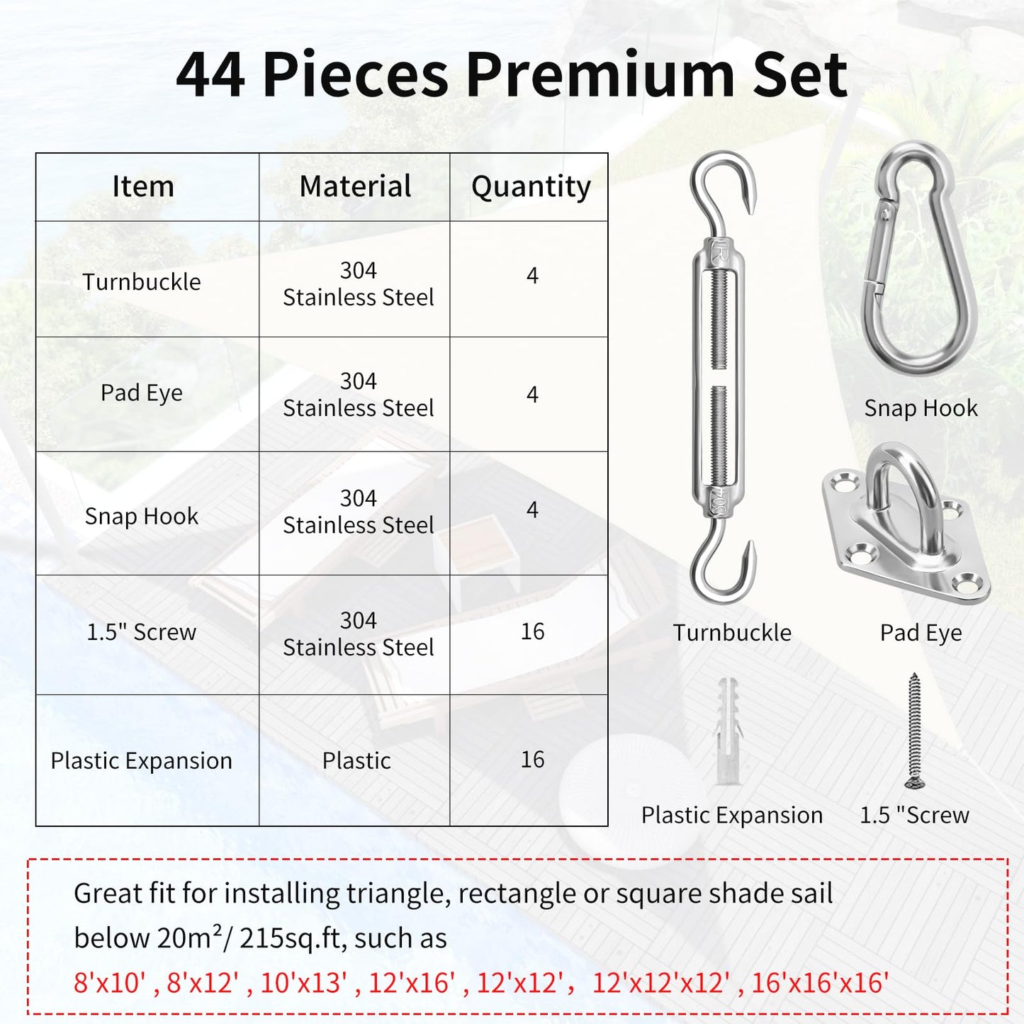 Sun Shade Sail Hardware Kit 6 Inch for Rectangle & Triangle Shade Sail Install, Stainless Steel Shade Sail Fixing Accessories for Outdoor Patio Canopy Garden, Heavy Duty Awning Attachment Set (44 Pcs)