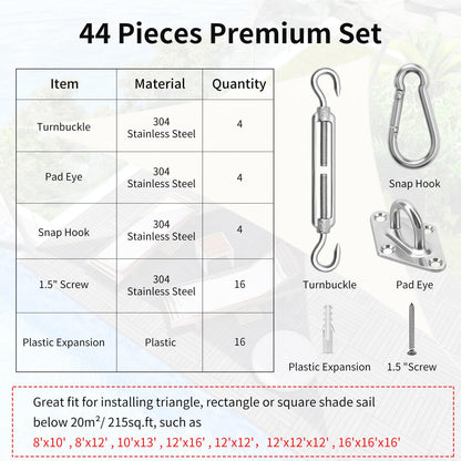 Sun Shade Sail Hardware Kit 6 Inch for Rectangle & Triangle Shade Sail Install, Stainless Steel Shade Sail Fixing Accessories for Outdoor Patio Canopy Garden, Heavy Duty Awning Attachment Set (44 Pcs)