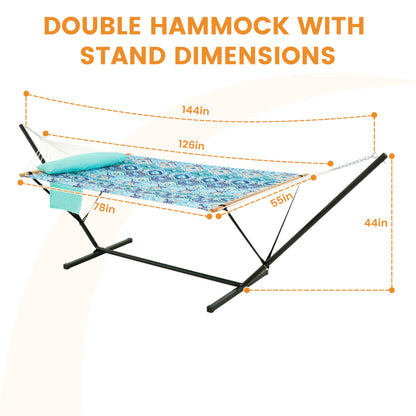Lazy Daze Hammocks 2 Person Portable Hammock with 12FT Stand for Outside, 10.5FT Quilted Double Hammock with Spreader Bar and Detachable Pillow, 450lbs Capacity for Outdoor Patio, Floral Auqa