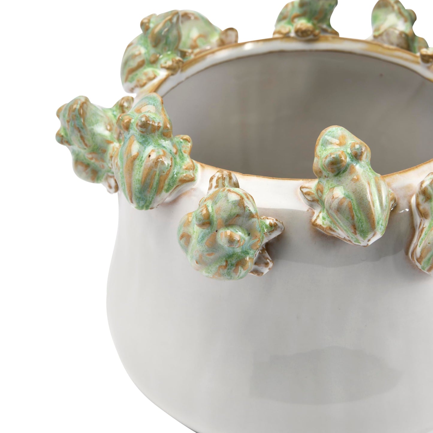 Creative Co-Op Stoneware Planter with Frogs on Rim and Reactive Glaze, Green and White