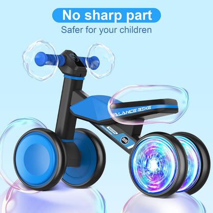 ESPRAY Colorful Lighting Baby Balance Bike Toys for 1 Year Old Boys Gifts, Toddler First Bike 12-24 Months with Adjustable Soft Seat, 4 Silent Wheels Ride on Toy, Perfect First Birthday Gift