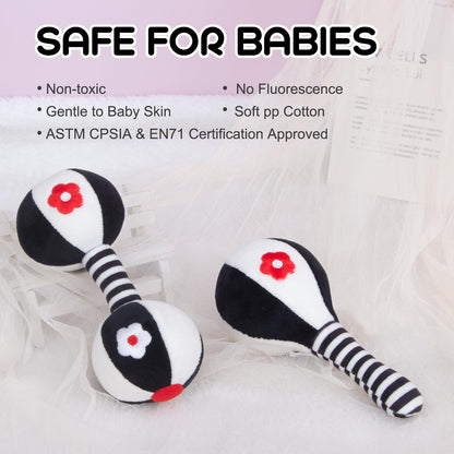 JINBOBUBU Soft Baby Rattles 0-6 Months - 2 Pack Infant Developmental Toys with Black & White Contrast | Sensory Newborn Toys for Girls & Boys | Set (BPA Free)