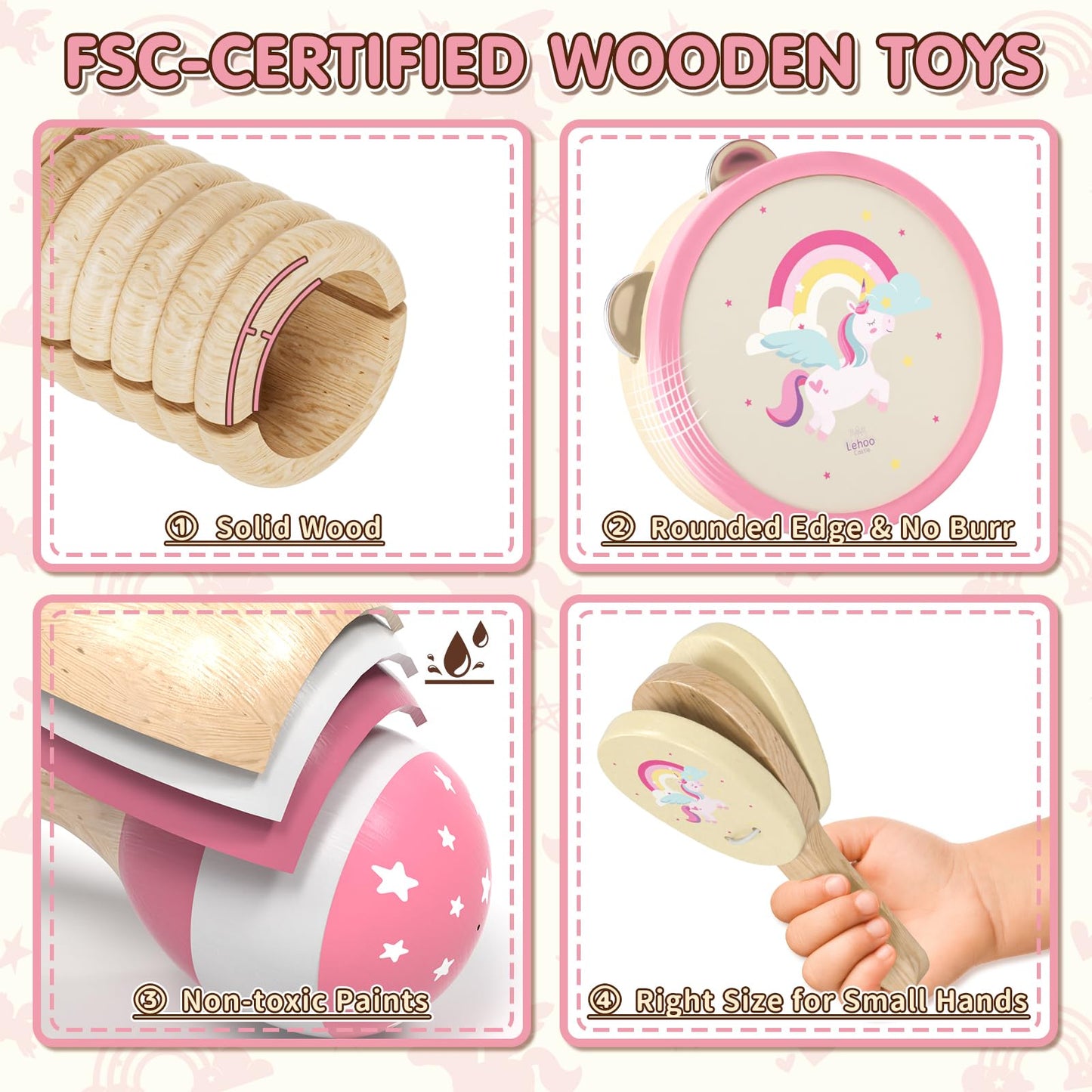 Baby Musical Instruments for Toddlers 1-3, Montessori Wooden Toys for 1 Year Old, Xylophone Maracas Percussion Set with Storage Bag, Learning Toys for Boys Girls Age 2-4, Christmas Birthday Gift, Pink