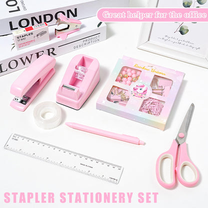 COMFYROOM Pink Desk Accessories with Pen Holder, Pink Office Supplies Desk Organizers and Accessories for women, Tape Dispenser, Stapler, Staple Remover, Staples, Clips Set, Ruler, Scissor, Pen, Tape