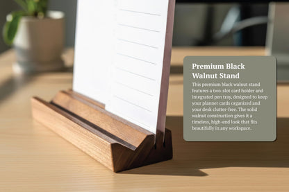 Minimalist Weekly Planner Desk Set – Solid Black Walnut Stand with Pen Tray, Double-Sided Planner & To-Do Cards (Walnut Stand and Planner Cards)