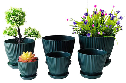 RooTrimmer 7.5/6.5/5.5/4.9/4.2/3.5 Inch Plant Pots with Saucers & Drain Holes - Indoor/Outdoor Flower Pots for Succulents, Herbs, Cactus - Modern Lightweight Durable Planter Set, Dark Green