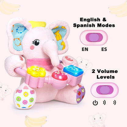 Ryotagift Baby Bilingual Musical Elephant Stuffed Animals Toys, Infant Early Learning Toy with Light-Up Music & Crinkle, Tummy Time Toys for 0 3 6 9 12+ Months for Baby Boy Girl Gift, Pink