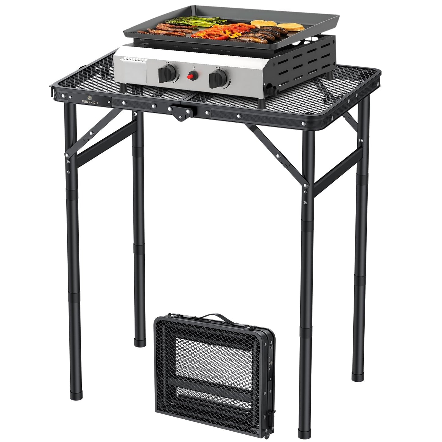 FUNYKICH Folding Grill Table for Outside, 3 Height Adjustable Portable Camping Tables, Lightweight Metal Aluminum Outdoor Table with Portable Handle for Camping, Picnic, BBQ, 23''x16'', Black