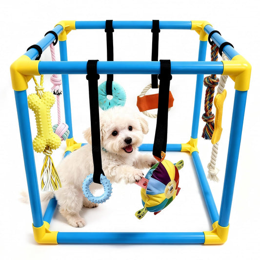 LemSen Puppy Play Gym with 8 Hanging Toys - Indoor Jungle Gym for Small Dogs, Interactive Enrichment Activity Center for Puppies, 19.5" PVC Frame with Teething Squeaky Toys to Keep Them Busy