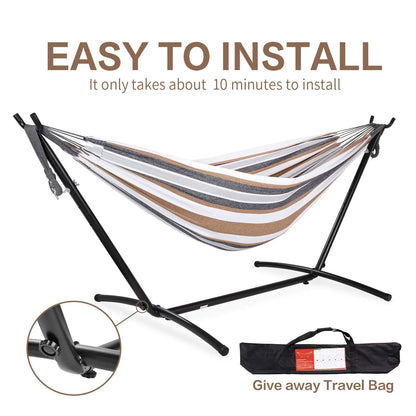 PNAEUT Double Hammocks with Stand for Outside, Portable Space Saving Heavy-Duty Steel Frame for Indoor Outdoor Patio Yard, Easy Assembly, 2 Person 450 lbs Capacity (Coffee)