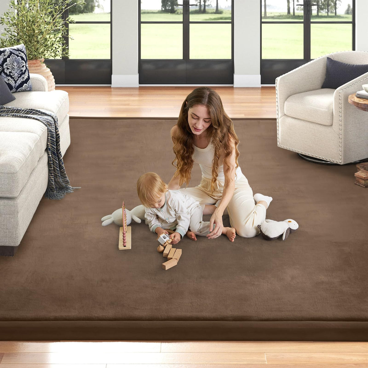ILPEOD Baby Play Mat for Floor Nursery Rug Muscle Mat Area Rug Playroom Rug 79"x79" Playpen Mat Memory Foam 1.3" Thick Crawling Mat for Babies,Toddlers, Infants, Kids,Chestnut