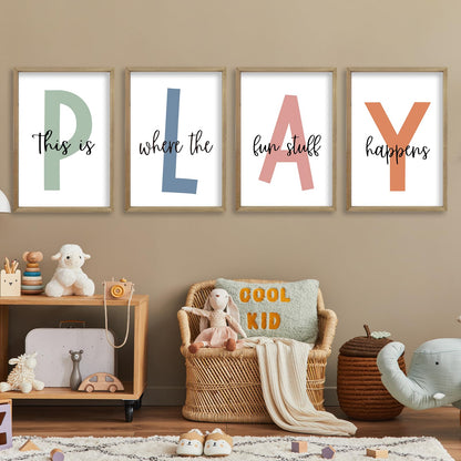 This Is Where The Fun Stuff Happens Kids Playroom Wall Art 11x16 Inch Set Of 4 Rustic Kids Wood Framed Boy Sign Toddler Modren Nursery Interesting Let's Play Prints Wall Hang Decor (Wood)