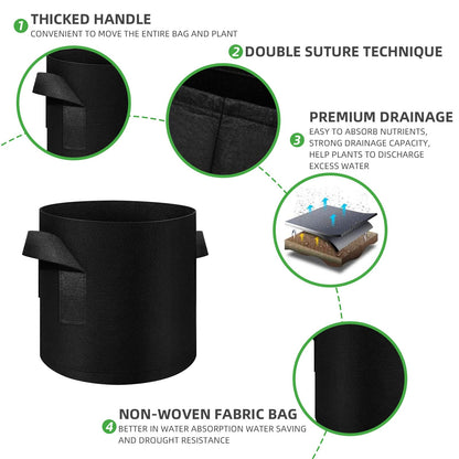 FineGearPow 5 Pack 15 Gallon Grow Bags, Heavy Duty Thickened Nonwoven Fabric Pots with Handles, Planter Grow Bags for Vegetables/Flower/Plant/Fruits, Black