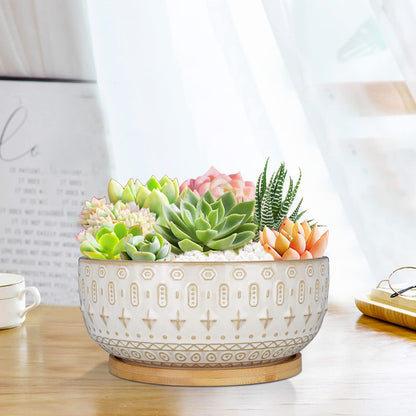 Fivepot 8 Inch Ceramic Succulent Planter Pots with Drainage Hole Flower Pot for Indoor Plants Round Shallow Bonsai Pot with Bamboo Tray White