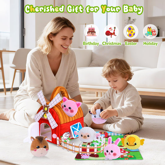 Baby Toys 6-12 Months, Barn Farm Soft Stuffed Animal Set with Windmill Fence Rattle Crinkle Paper, Sensory Toys for Babies Toddlers Montessori Toys for 6 9 Months Old Boy Girl