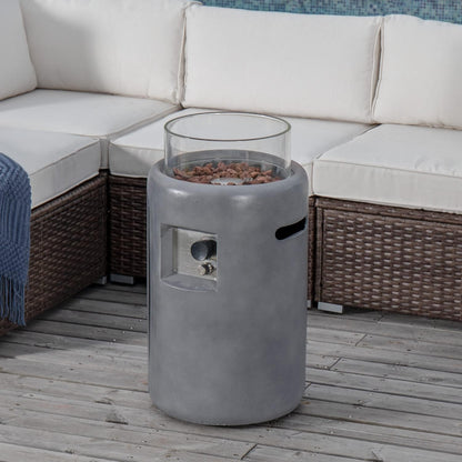 COSIEST Outdoor Propane Fire Pit Table w Compact Ledgestone 16-inch Round Graphite Base and Glass Wind Guard, Certified, 40,000 BTU, Free Lava Rocks, Touch-up Pen, Fits 20lb (Grey)