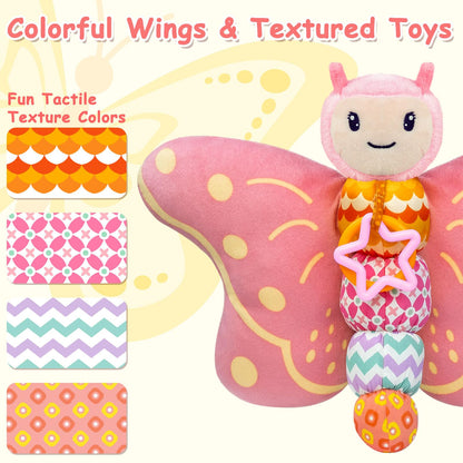 Baby Toys 0-6 Months,Infant Musical Sensory Stuffed Animal with Squeaker,Rattle,Crinkle Wings,Teether & Hanging Ring,Tummy Time Toy for Newborn 0-3-6-12 Months Boys & Girls Gift,Butterfly,Pink