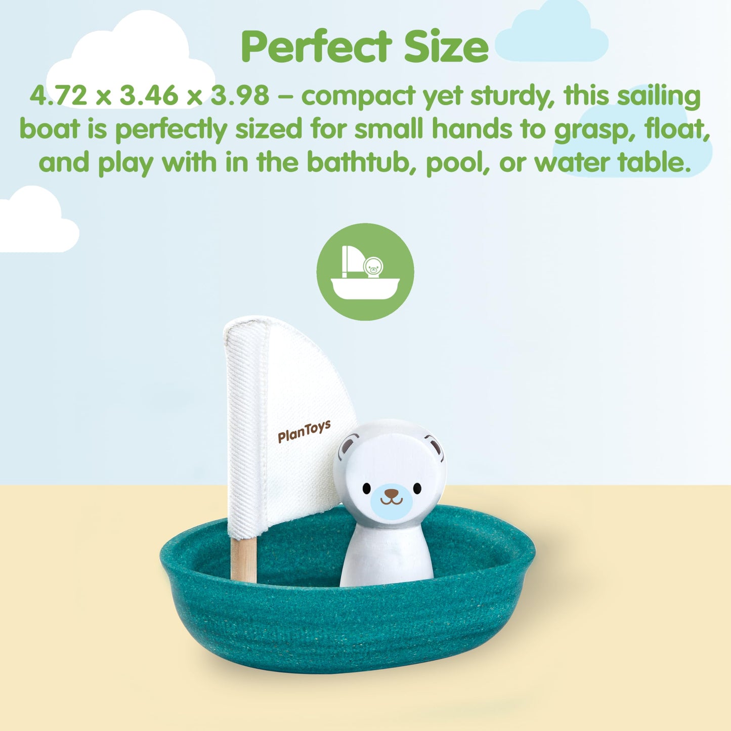 PlanToys® Polar Bear Sailing Boat Bath Toy for Toddlers | Montessori Wooden Water Toys for Kids | Eco-Friendly Floating Boat for Bathtub, Pool & Water Table