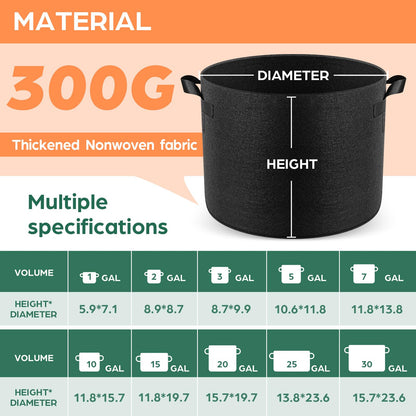 Jorvila 5 Pack 15 Gallon Grow Bags, Thickened Nonwoven Fabric Planter Pots with Handles, Heavy Duty 300G Garden Pots for Tomato, Potato and Vegetable