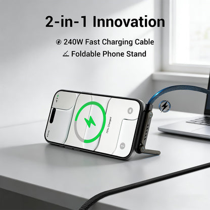 Konstreet 2-in-1 Invisible Stand Fast Charging Cable 240W Type-C Braided Fast Charging Cable Built-in Phone Stand 2 in 1 Phone Holder Cable for Suitable for Gaming Office and Travel Black