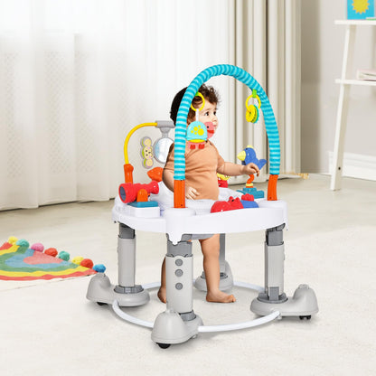 INFANS Baby Bouncer Activity Center, 5 in 1 Toddler Bouncing Activity Saucer Playtime Mat Activity Table with 360°Rotating Seat, 3 Adjustable Height, Foldable Exersaucer Learning Walker (Light Grey)