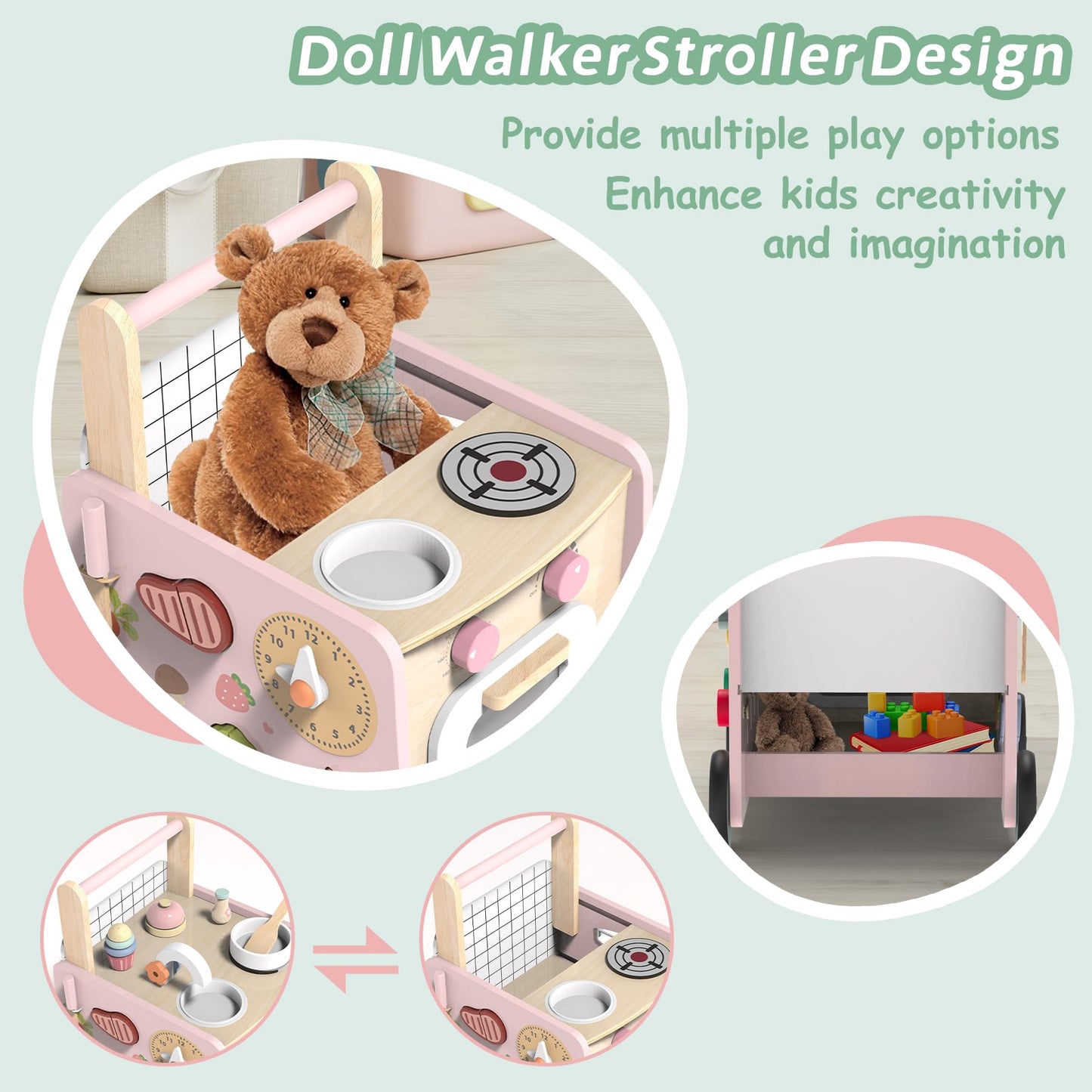 wiqins Wooden Baby Walker 9-in-1 Activity Center with Toddlers Montessori Sensory Toys and Play Kitchen Push Walker for Kids with Wheels and Storage Space, Ideal Gift for Girls Boys Ages 6-36 Month