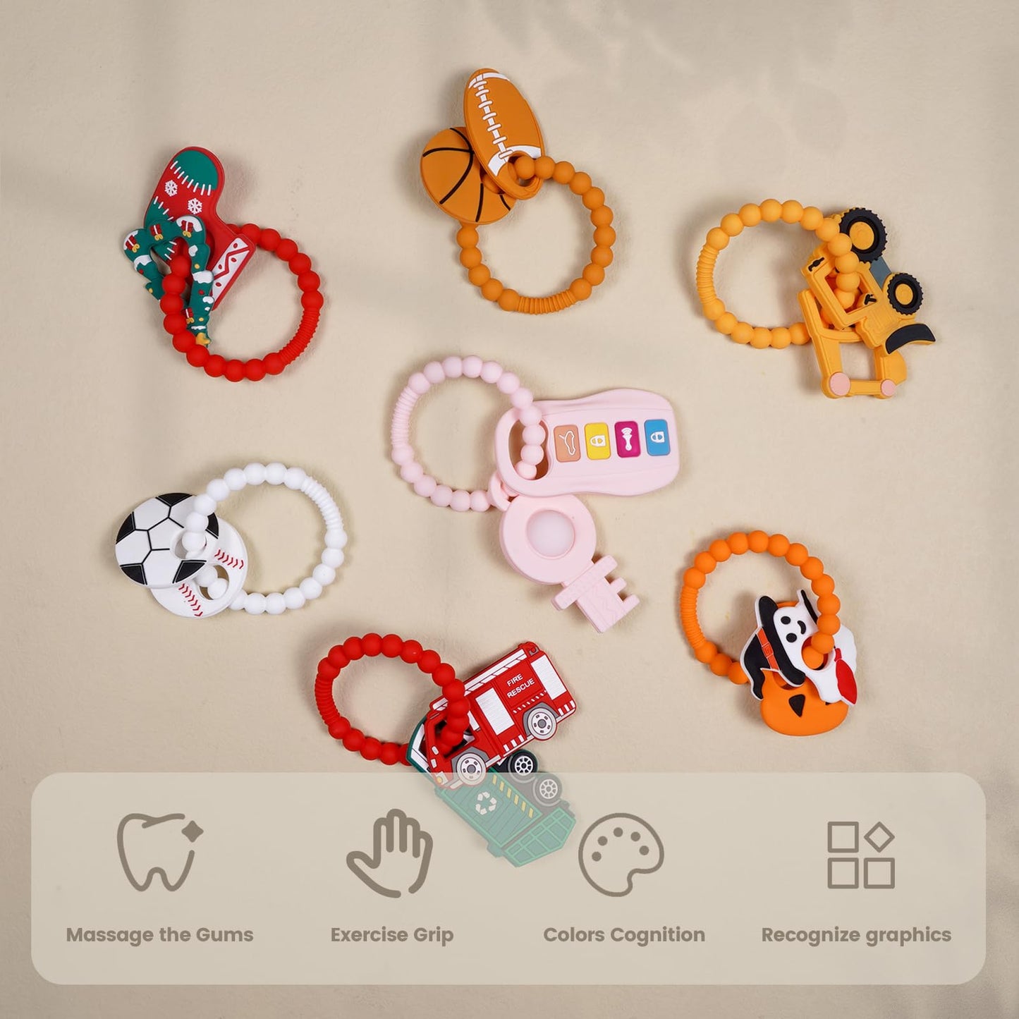 Silicone Baby Ring Toy with Fire Truck,Garbage Truck Teethers,Must Haves Teething Relief Chew Toys for 0-6,6-12 Months Boys and Girls,Newborns Essentials,Safe and Soft,BPA Free.