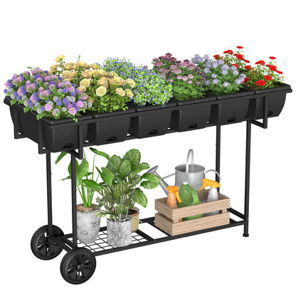 YBING Raised Garden Bed Outdoor with Wheels 42x17x29in Elevated Planter Box with Legs and Storage Shelf 6 Pocket Herb Garden Planter for Balcony Patio Deck Black