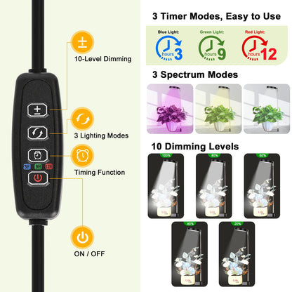 LED Grow Lights for Indoor Plants Full Spectrum, 48 LEDs Plant Light for Indoor Plants with 2 Mounting Options, 3 Optional Spectrums, 3/9/12Hrs, 10 Brightness,6.7"-26" Height Adjustable （black）