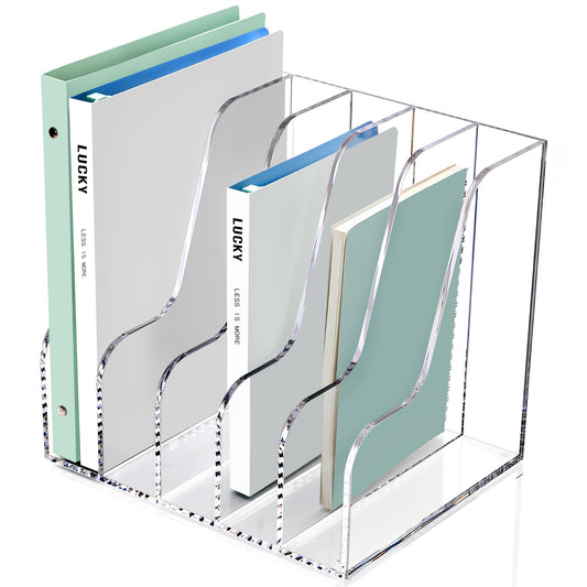 SANRUI Acrylic Desk Organizers, Clear Magazine File Holder, 5 Vertical Compartments A4 Folder Binder Holders Sorter, Office Desktop Workspace Organization Storage Rack for Office Home School