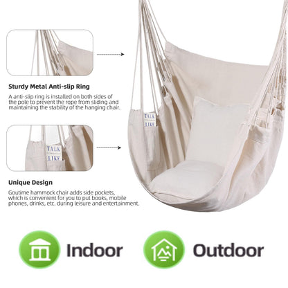 Goutime Hammock Chair, Boho Hanging Rope Ceiling Swing, Macrame Hanging Swinging Chair for Indoor,Outdoor,Bedroom,Outside,Garden,Balcony,Yard,Deck,Max 330 Lbs,Beige