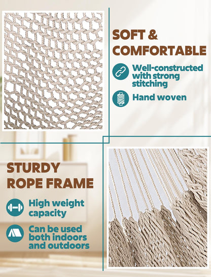 Chihee Hammock Chair Handmade Hanging Chair Cotton Rope Woven Hanging Seat Soft-Spun Large Stretch Hammock Swing, Collapsible Strong Metal Spreader Bar Elegant Macrame Comfort Indoor Outdoor Garden