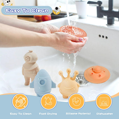 AMCHSURI Bath Toys, Space & Rocket 4 Pack | Dishwasher-Safe & Mold Free Silicone Bath Toys | Soft, Squeezable & Float on Water | Soft & Easy-Grip Baby & Toddler Bath Toy Set | Baby Pool Toys