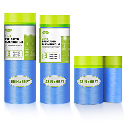 SARDVISA Pre-Taped Masking Film for Painting, 59/43/ 22 in * 66 FT, 3-Rolls Painters Plastic Sheeting with Widened Paint Tape and Drape for Covering Walls, Windows, Cars & Furniture Protection