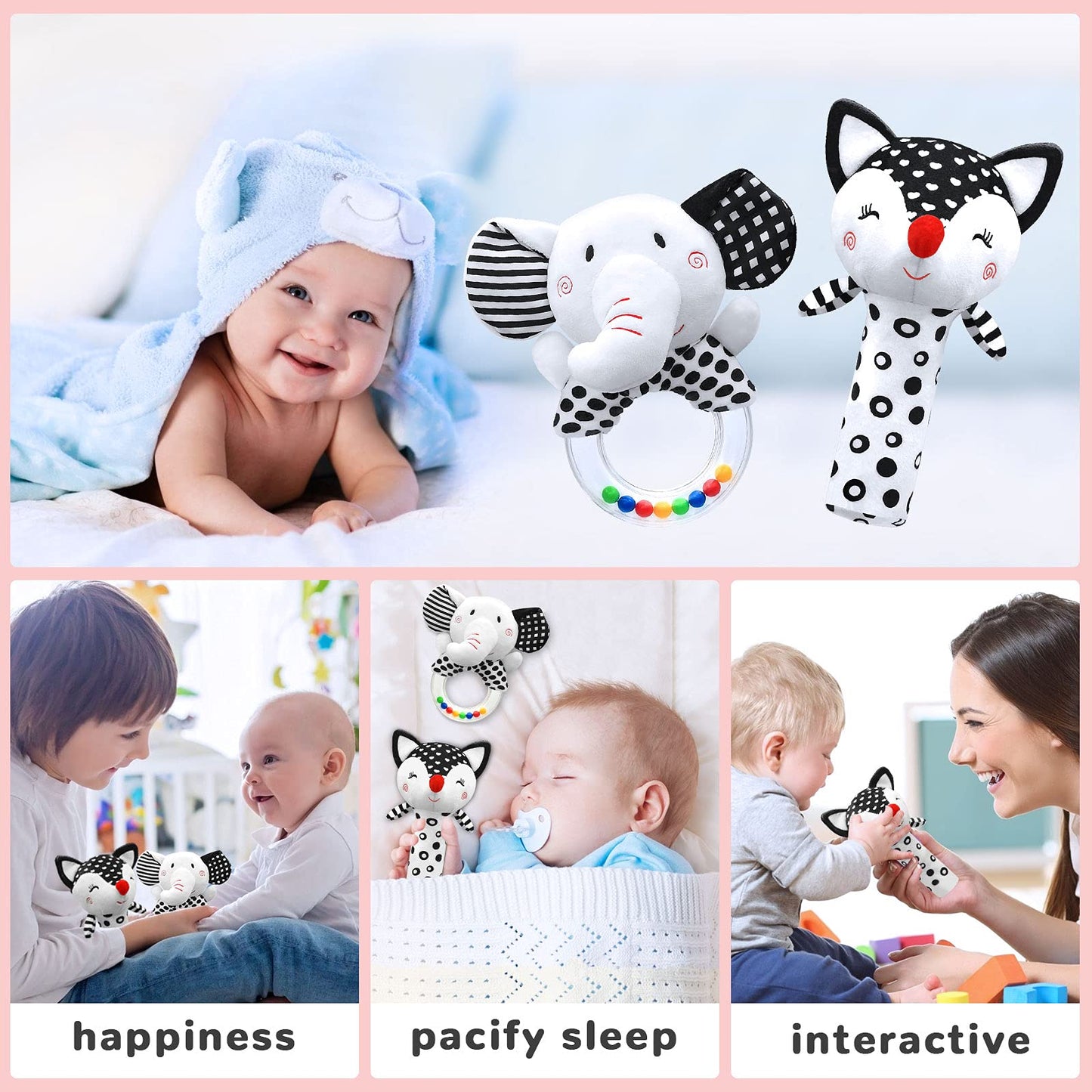 XIXILAND Baby Rattles 0-6 Months Black and White Baby Toys 0-3 Months & Car Seat Toys High Contrast Infant Toys, Newborn Sensory Infant Toys for 0-18 Months