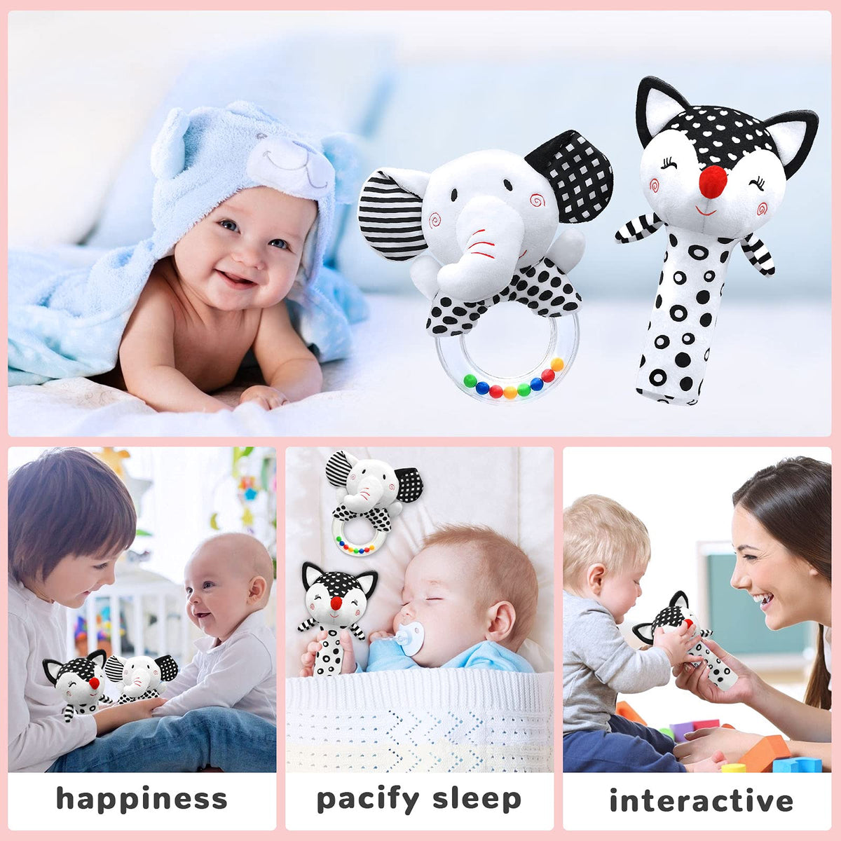 XIXILAND Black and White Baby Rattles & Colorful Farm Car Seat Toys Stroller Toys, Newborn to 12 Months