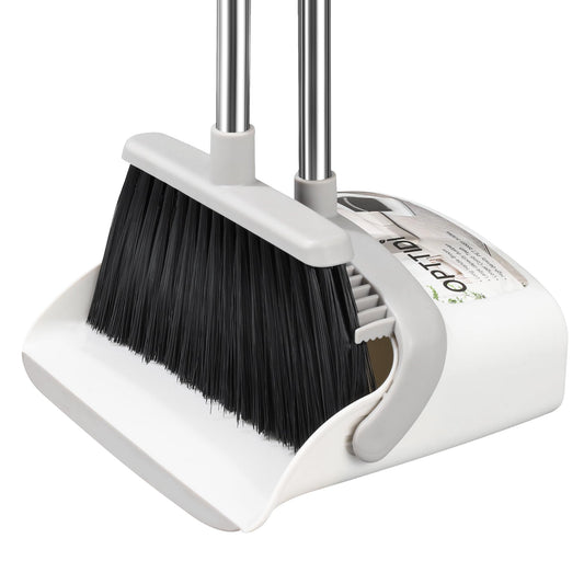 OPTTIDI Broom with Dustpan Combo Set, Hand Broom and Dustpan Set for Sweeping Indoor Angle Broom for Home Office Kitchen Lobby Floor Pet Hair Indoor&Outdoor Cleaning (White&Gray)