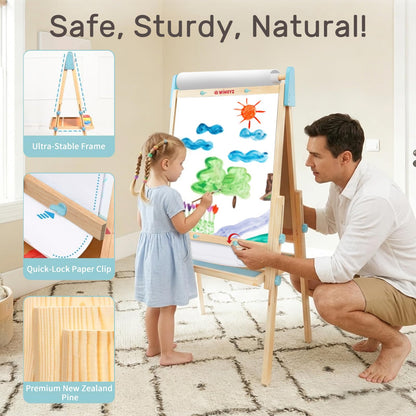 WINGYZ 24" LCD Easel for Kids, 3-in-1 Color Drawing Tablet with Blue Light-Free Screen, Whiteboard & Paper Roll, Adjustable Wooden Art Station for Ages 3-12, Mess-Free Creative Gift for Home & School