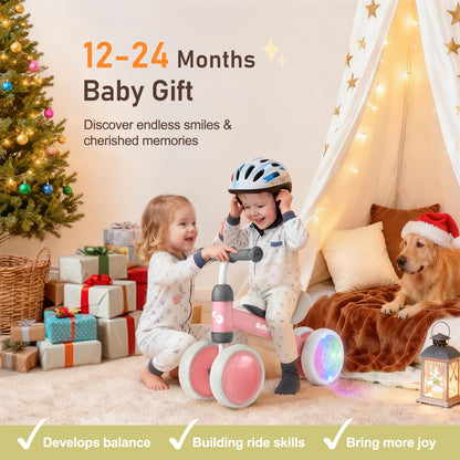 Colorful Lighting Baby Balance Bike Toys for 1 Year Old Girl Gifts, Balance Bike 1 Year Old No Pedal, 12-24 Months Toddler Ride on Toys with 4 Silent Wheels & Soft Seat, 1st Birthday Gifts, Pink
