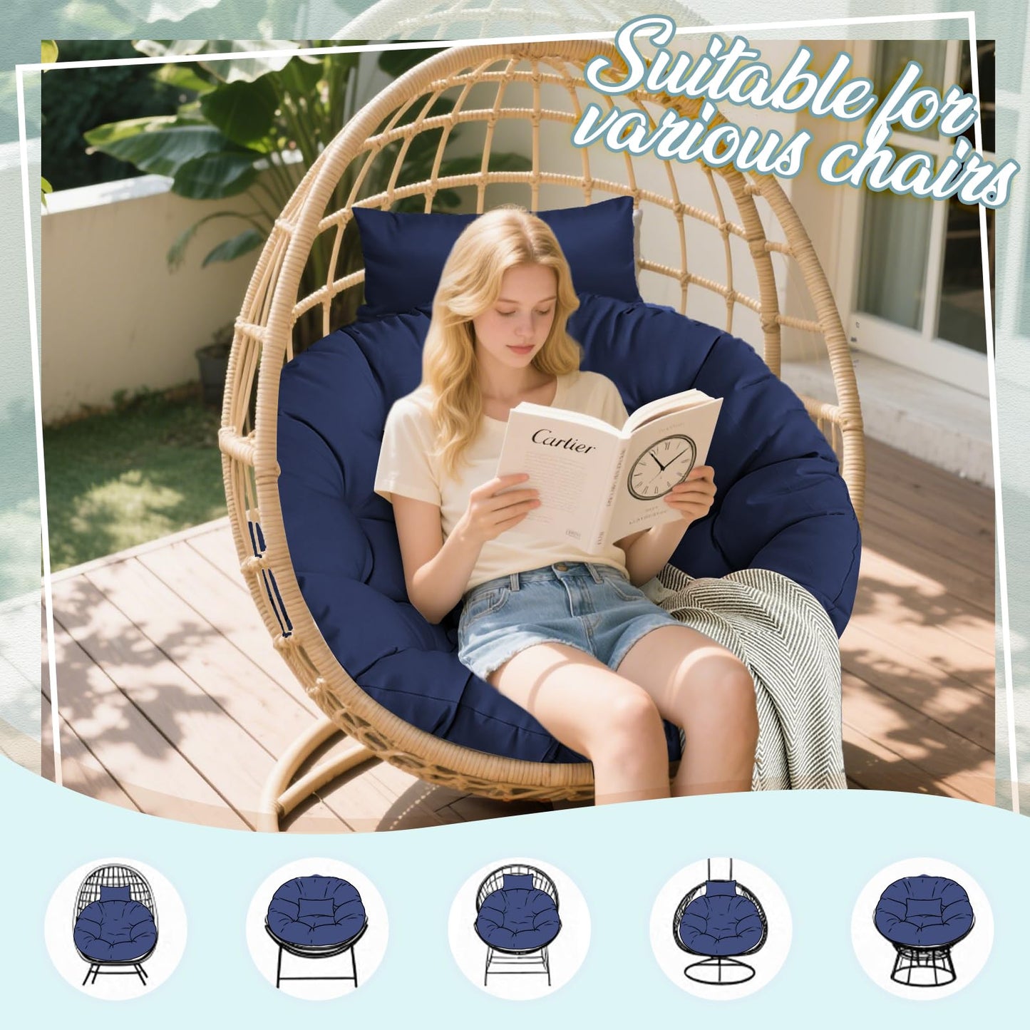 Tycdiose Outdoor Swing Egg Chair Cushion Waterproof, Thicken Hanging Basket Egg Chair Cushion Replacement Papasan Chairs Cushions with Headrest Pillow, Larger Round Cushions for Eggs Chairs (Blue)