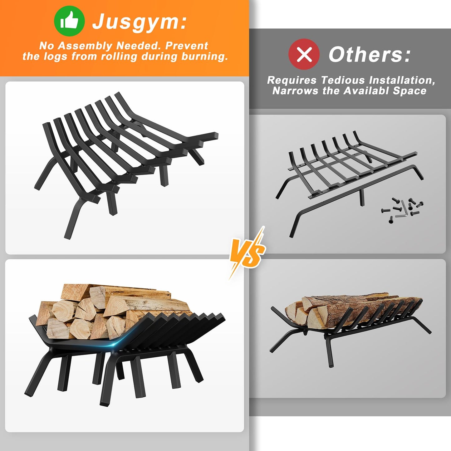 Jusgym Fireplace Grate 24 Inch with 8 Support Legs, Solid Steel Heavy Duty Fireplace Log Holder with Fire Log Tongs & Fire Poker, Fireplace Log Grate for Indoor Fireplace and Outdoor In-ground Firepit