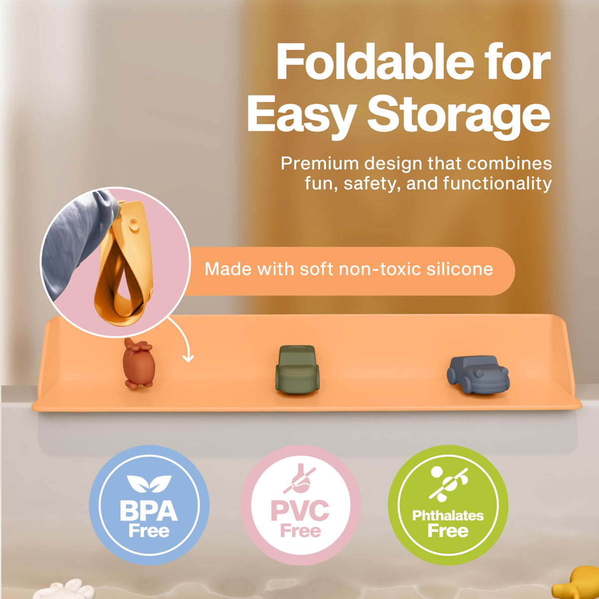 Little Splasher Original PlayPad, Bathtub Splash Guard Play Shelf - Toy Tray Caddy Holder Storage - Suction Cups Attach to Bath Tub - No Mess Water Spill in Bathroom for Toddlers Kids Baby (Orange)