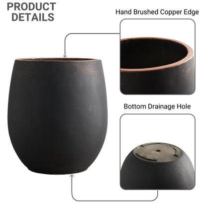 Wallowa 17.7"+13.3"+9.5" Dia Round Concrete Planter Set of 3, Large Outdoor Planter, Black with Gold Rim, Flower Pots with Drainage Holes for Garden, Patio, Home, Office