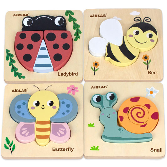 Wooden Toddlers Puzzles Animals Shape Puzzle Educational Toys Gift for Boys Girls Baby Travel Daycare Portable Toy with Drawstring Bag Pack of 4