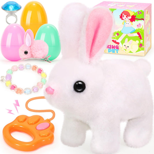 CatchCute Easter Hopping Plush Bunny Interactive Toys for Kids,Can Wagging Tail and Twitching Nose with Remote Control Leash,Easter Eggs and Decorations,Easter Christmas Birthday Gift for Toddlers
