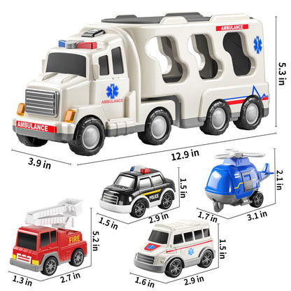TEMI 5 Pack Ambulance Vehicle Toddler Truck Toys for 3 4 5 6 Year Old Boys, Friction Powered Cars with Toy Helicopter, Police Car, Fire Truck, Ambulance Car, Birthday Gifts for Girls Age 3-9